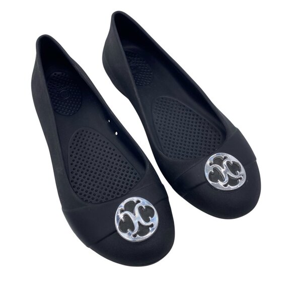 Crocs Gianna Disc Ballet Flats Womens 7 Black Silver Medallion Elegant Dressy - Picture 1 of 13